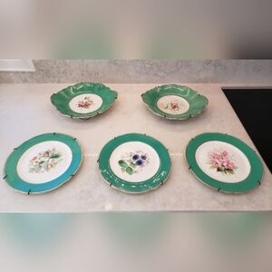 5 Vintage Green Floral Plates with Gold Rim